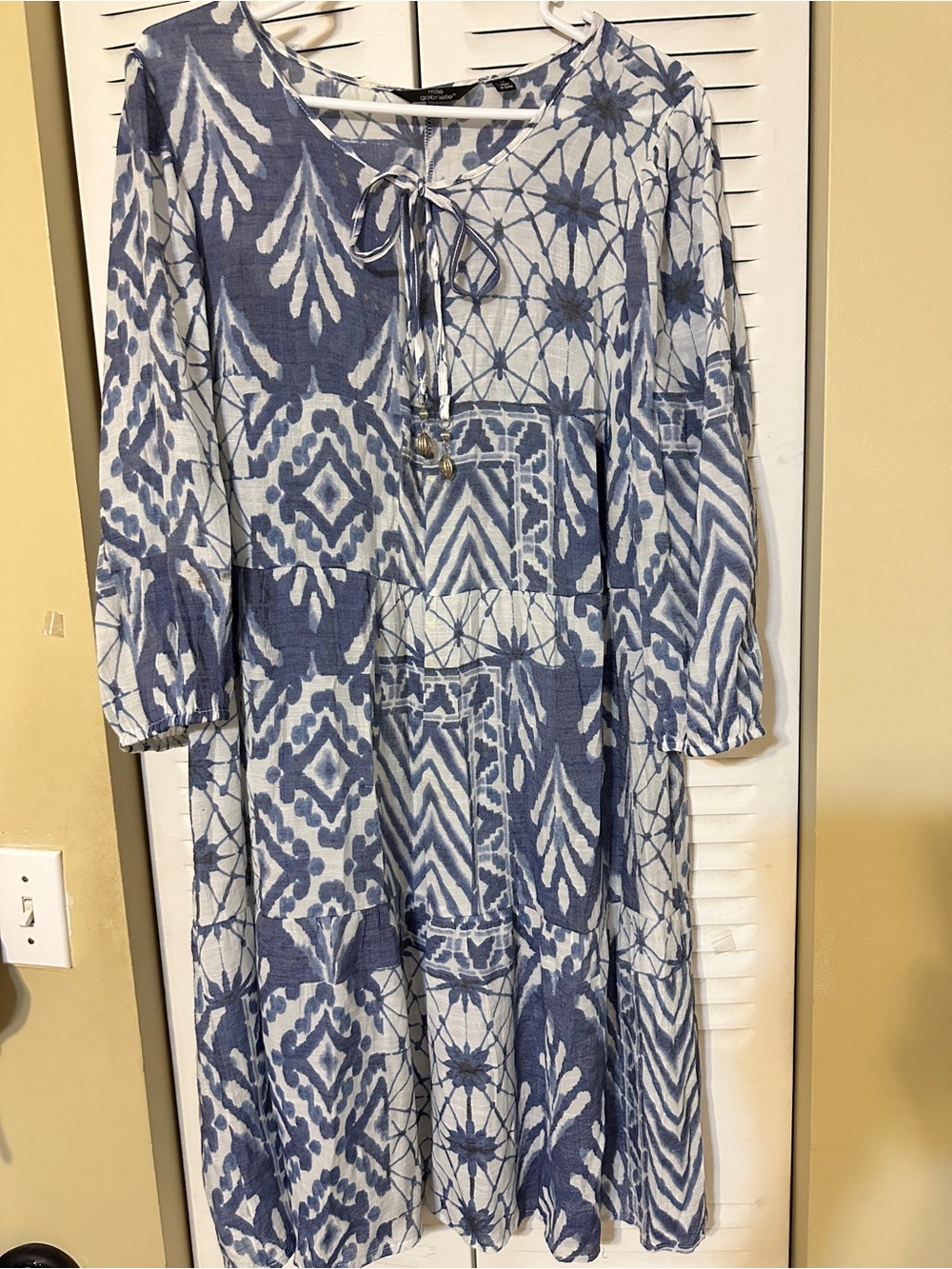 Mlle Gabrielle Blue White Ikat Tie-Front Tiered Midi Dress Size 1X